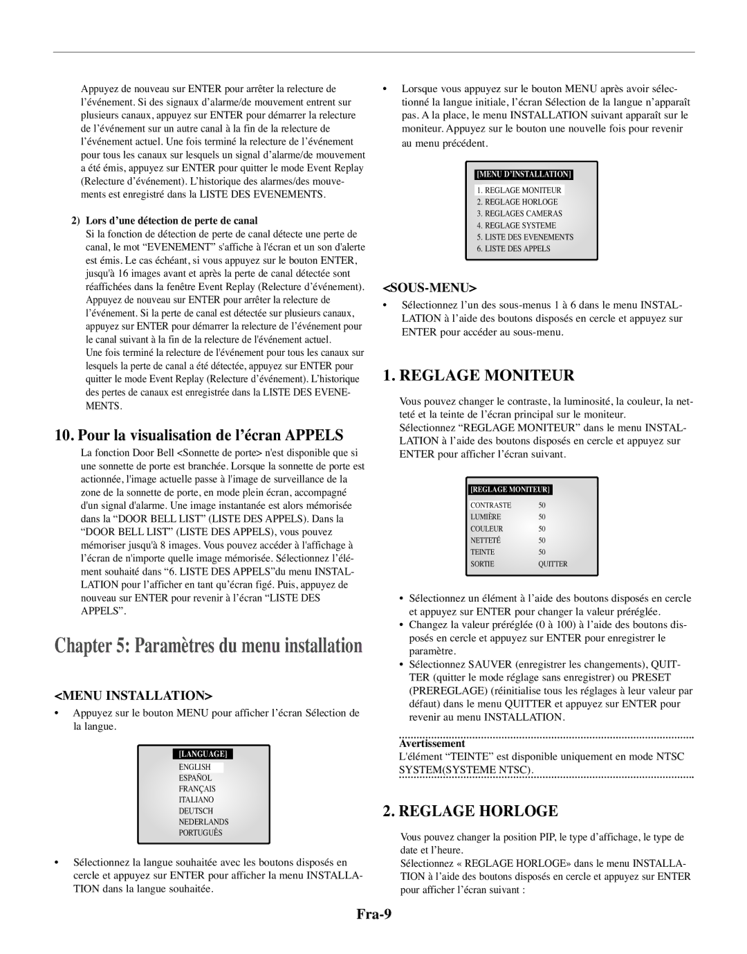 Samsung SMO-210TRP, SMO-210MP/UMG manual Pour la visualisation de l’écran Appels, Reglage Moniteur, Reglage Horloge, Fra-9 