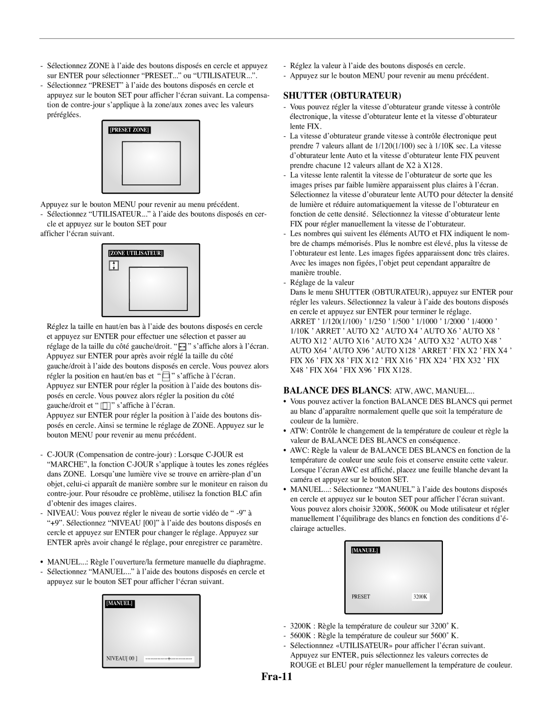 Samsung SMO-210TRP, SMO-210MP/UMG manual Fra-11, Shutter Obturateur, Appuyez sur le bouton SET pour afficher l‘écran suivant 