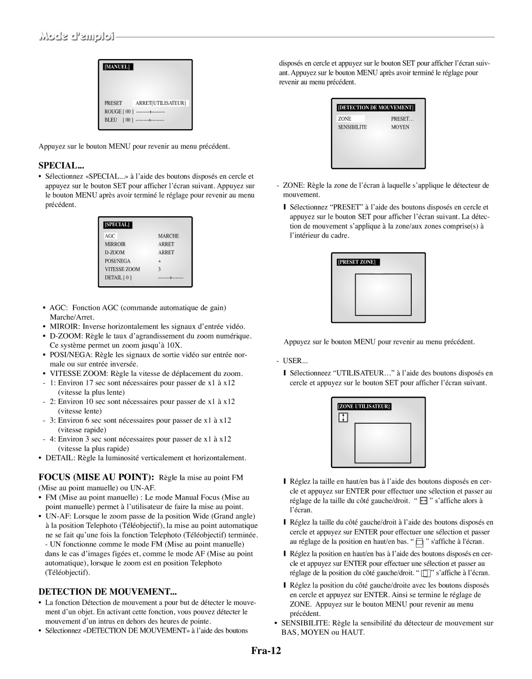 Samsung SMO-210MP/UMG, SMO-210TRP manual Fra-12, Detection DE Mouvement 