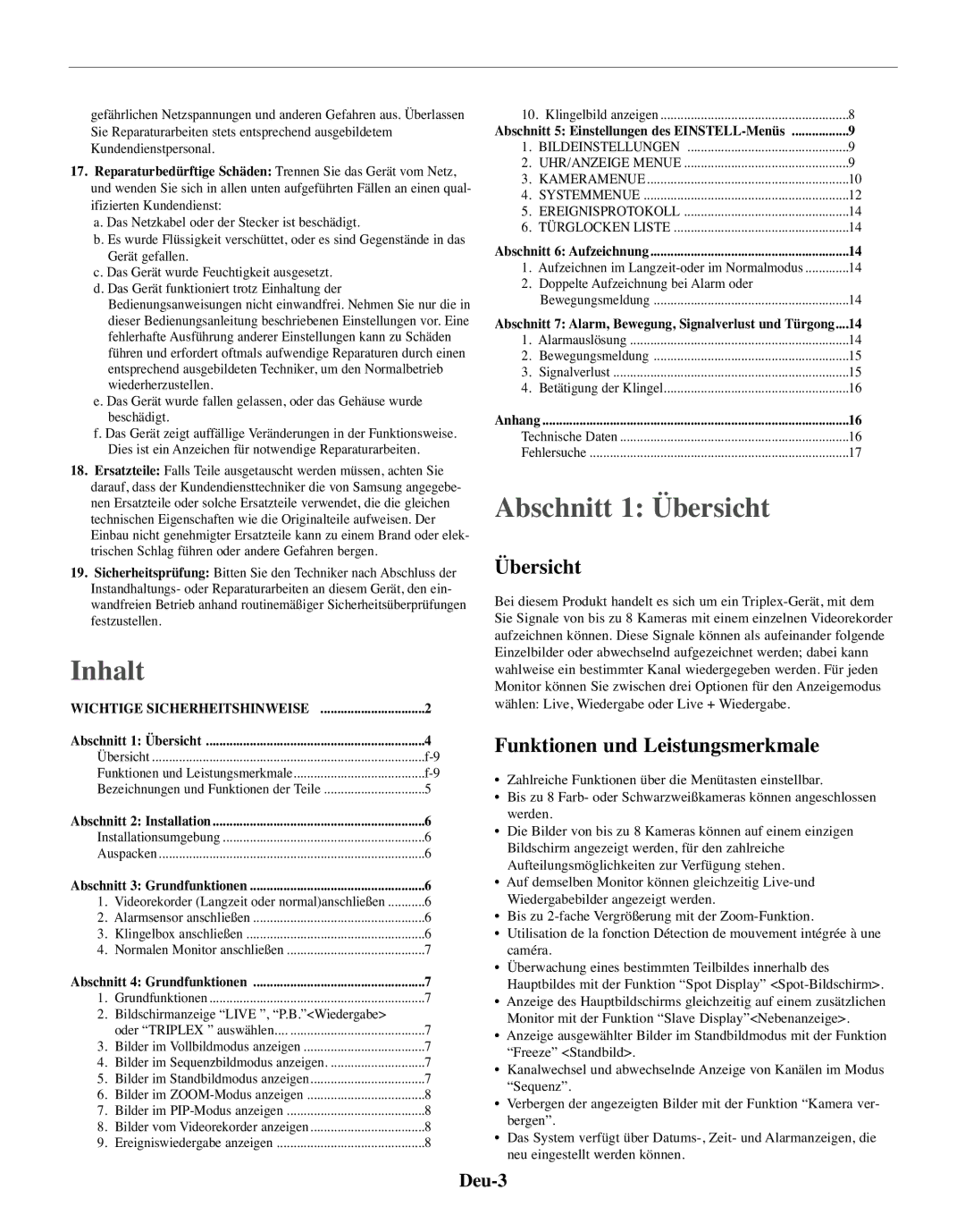 Samsung SMO-210MP/UMG, SMO-210TRP manual Inhalt, Abschnitt 1 Übersicht, Funktionen und Leistungsmerkmale, Deu-3 