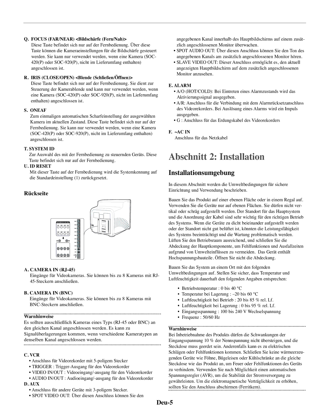 Samsung SMO-210MP/UMG, SMO-210TRP manual Abschnitt 2 Installation, Installationsumgebung, Deu-5, Rückseite, Camera in RJ-45 