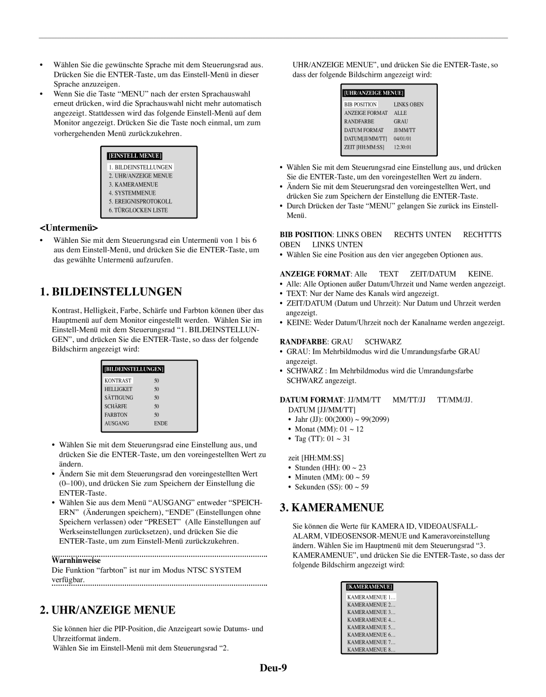 Samsung SMO-210MP/UMG, SMO-210TRP manual Bildeinstellungen, UHR/ANZEIGE Menue, Kameramenue, Deu-9, Untermenü 