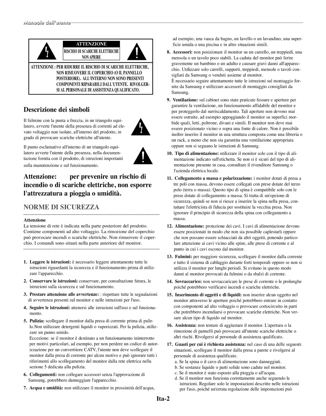 Samsung SMO-210TRP, SMO-210MP/UMG manual Descrizione dei simboli, Ita-2, Sulla manutenzione e sul funzionamento, Attenzione 