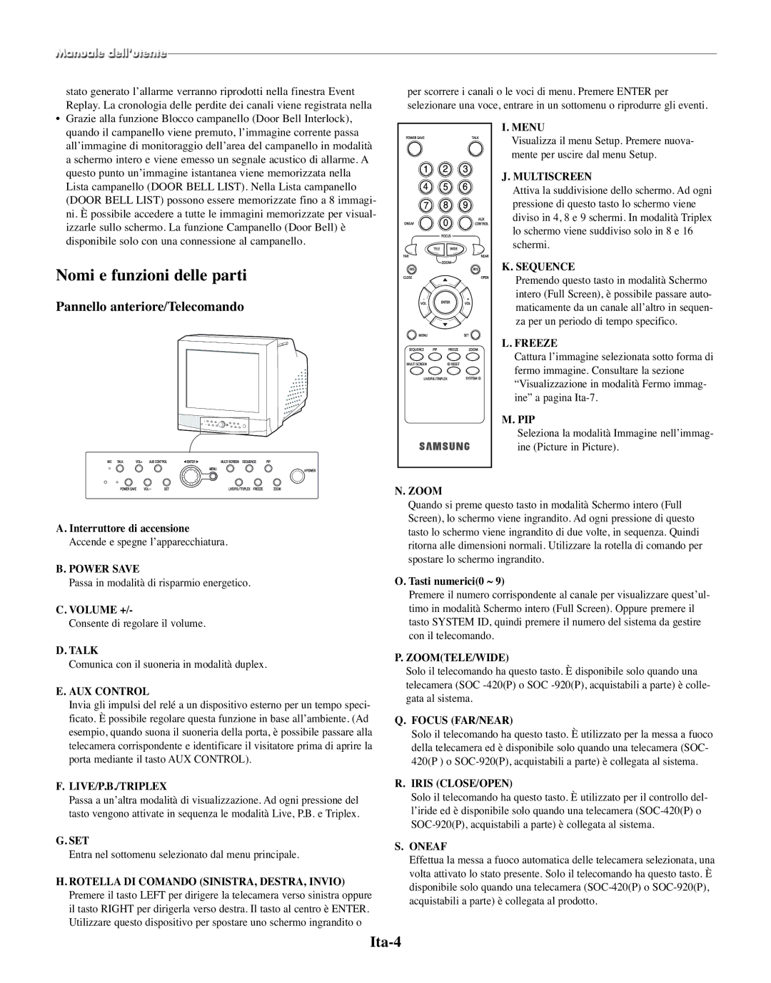 Samsung SMO-210TRP Nomi e funzioni delle parti, Ita-4, Pannello anteriore/Telecomando, Focus FAR/NEAR, Iris CLOSE/OPEN 