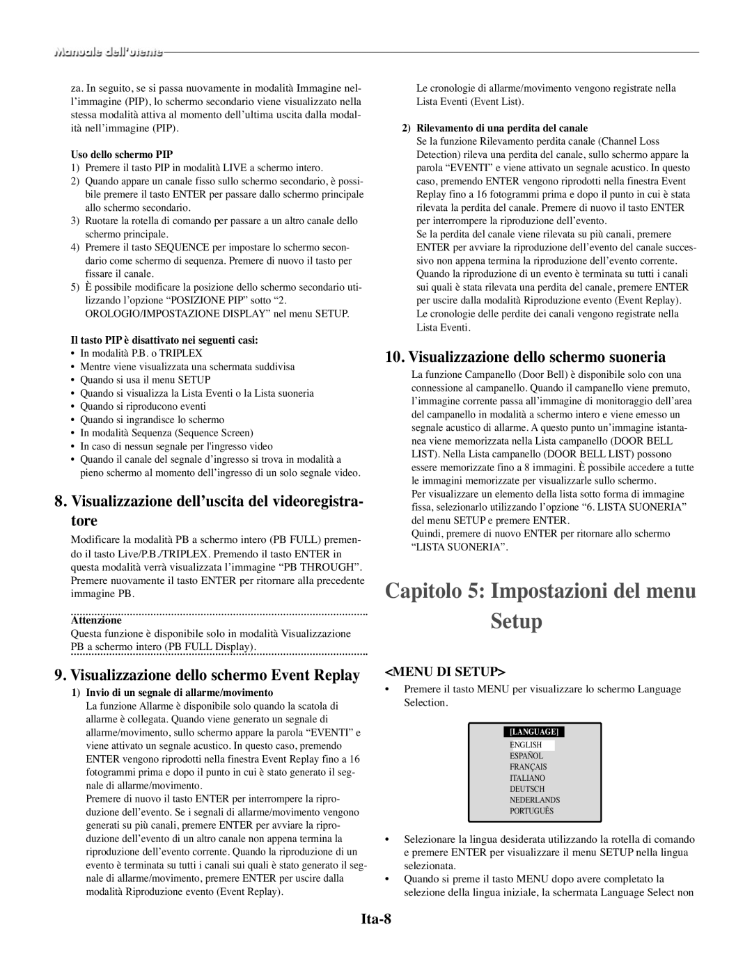 Samsung SMO-210TRP Capitolo 5 Impostazioni del menu Setup, Visualizzazione dell’uscita del videoregistra- tore, Ita-8 