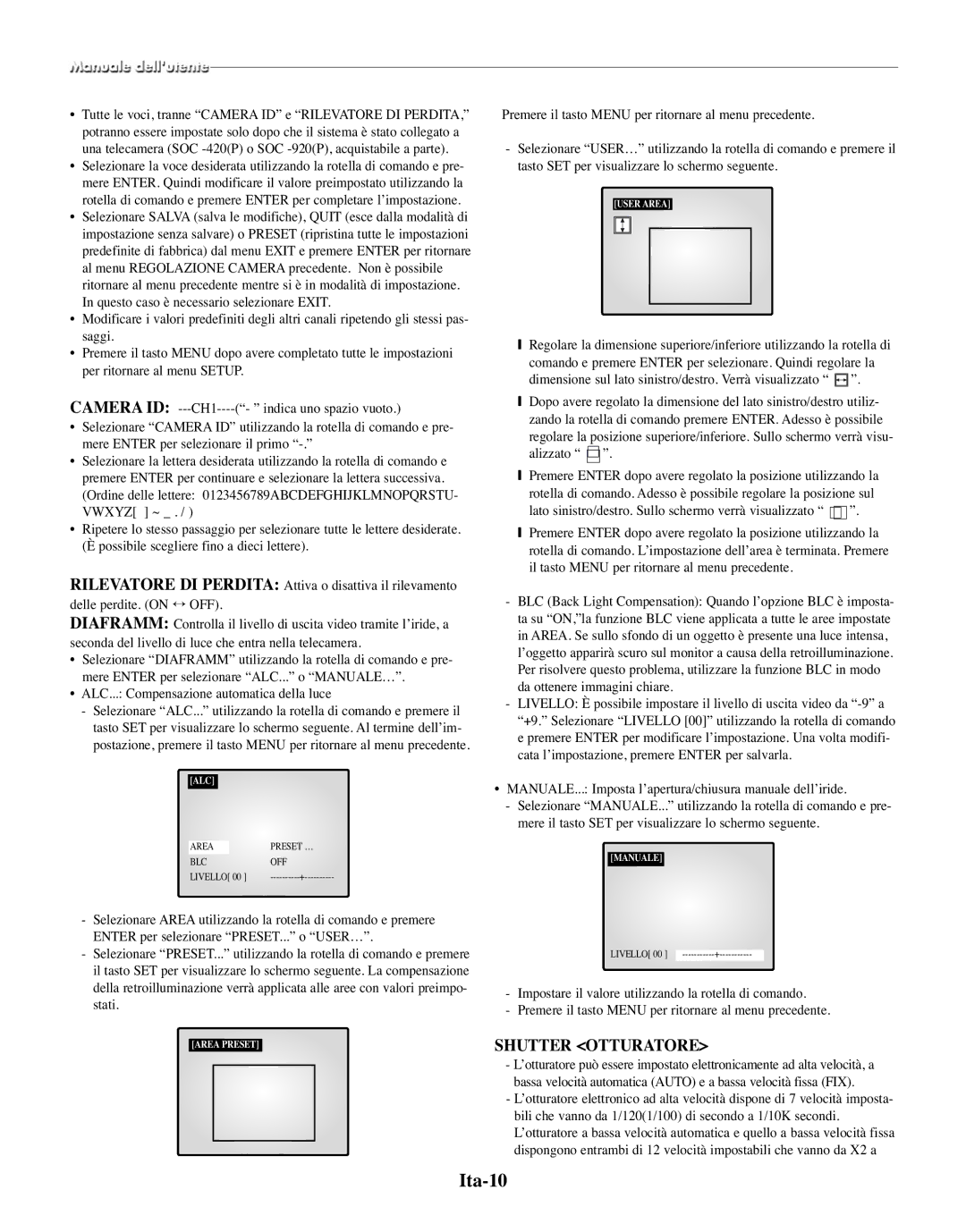 Samsung SMO-210TRP, SMO-210MP/UMG manual Ita-10, Shutter Otturatore, Area Preset, Manuale 