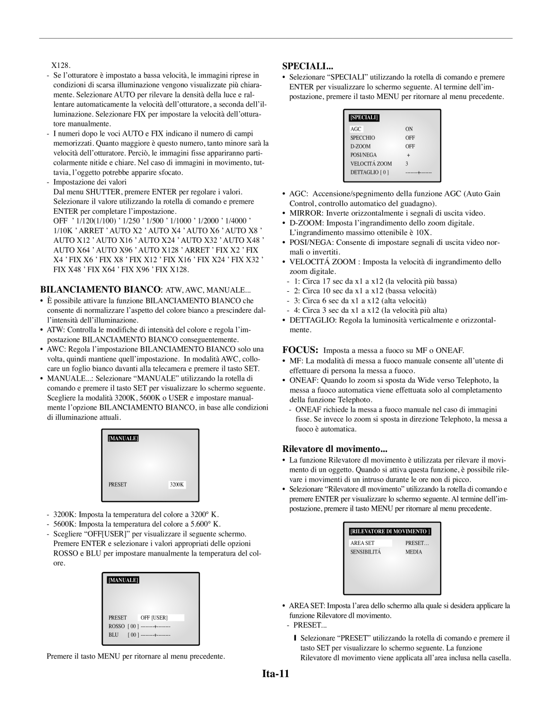 Samsung SMO-210MP/UMG, SMO-210TRP manual Ita-11, Bilanciamento Bianco ATW, AWC, Manuale, Speciali, Rilevatore dl movimento 