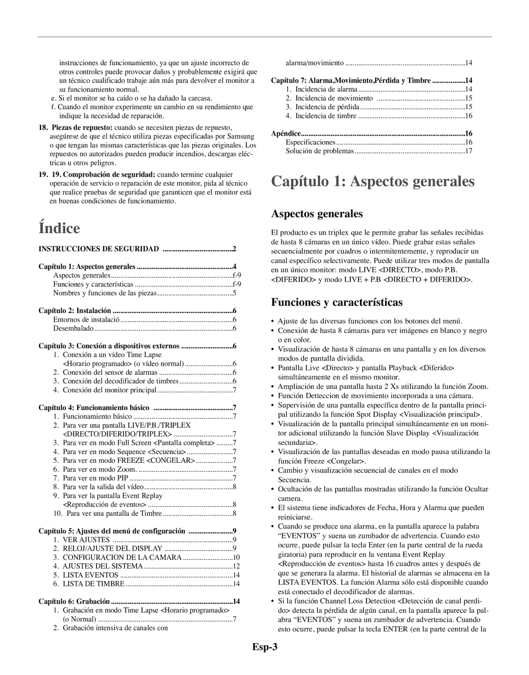 Samsung SMO-210TRP, SMO-210MP/UMG manual Índice, Capítulo 1 Aspectos generales, Funciones y características, Esp-3 