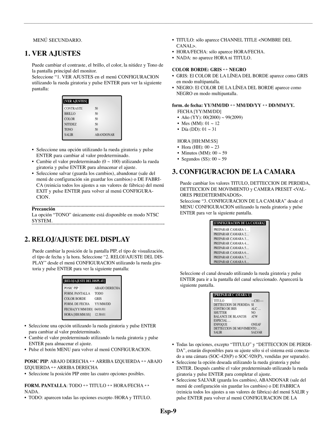 Samsung SMO-210TRP, SMO-210MP/UMG manual VER Ajustes, RELOJ/AJUSTE DEL Display, Configuracion DE LA Camara, Esp-9 