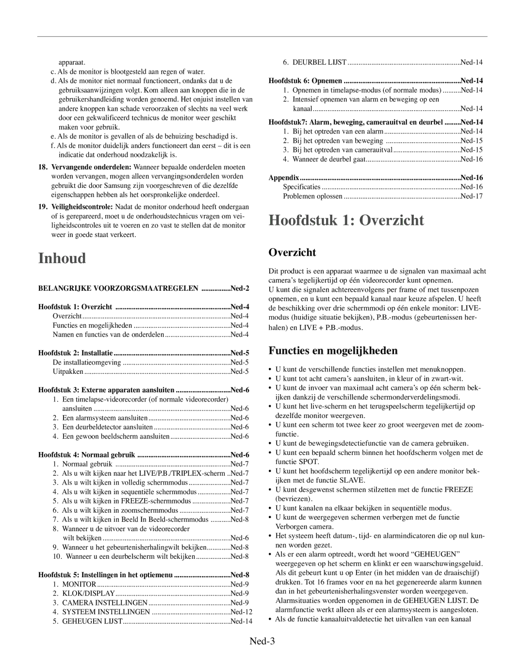 Samsung SMO-210MP/UMG, SMO-210TRP manual Hoofdstuk 1 Overzicht Inhoud, Functies en mogelijkheden, Ned-3 