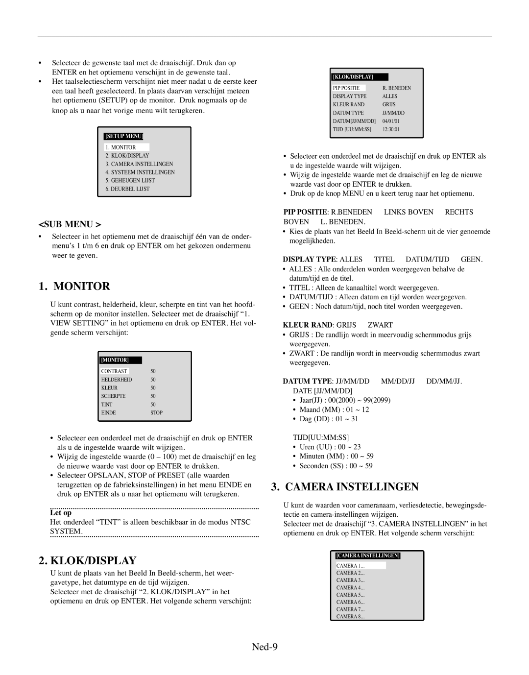 Samsung SMO-210MP/UMG, SMO-210TRP manual Monitor, Klok/Display, Camera Instellingen, Ned-9 