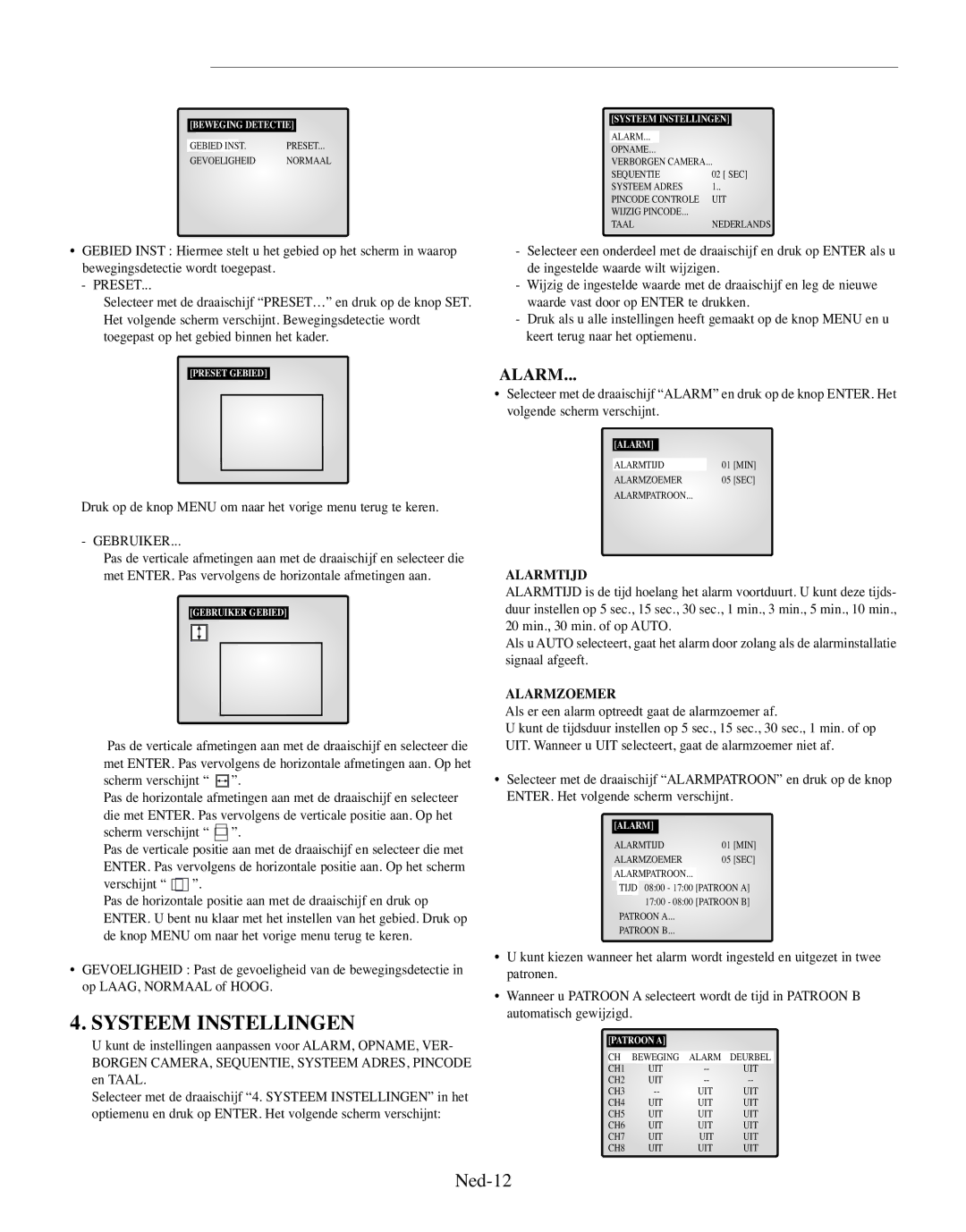 Samsung SMO-210TRP, SMO-210MP/UMG manual Systeem Instellingen, Ned-12, Gebruiker, Alarmtijd, Alarmzoemer 