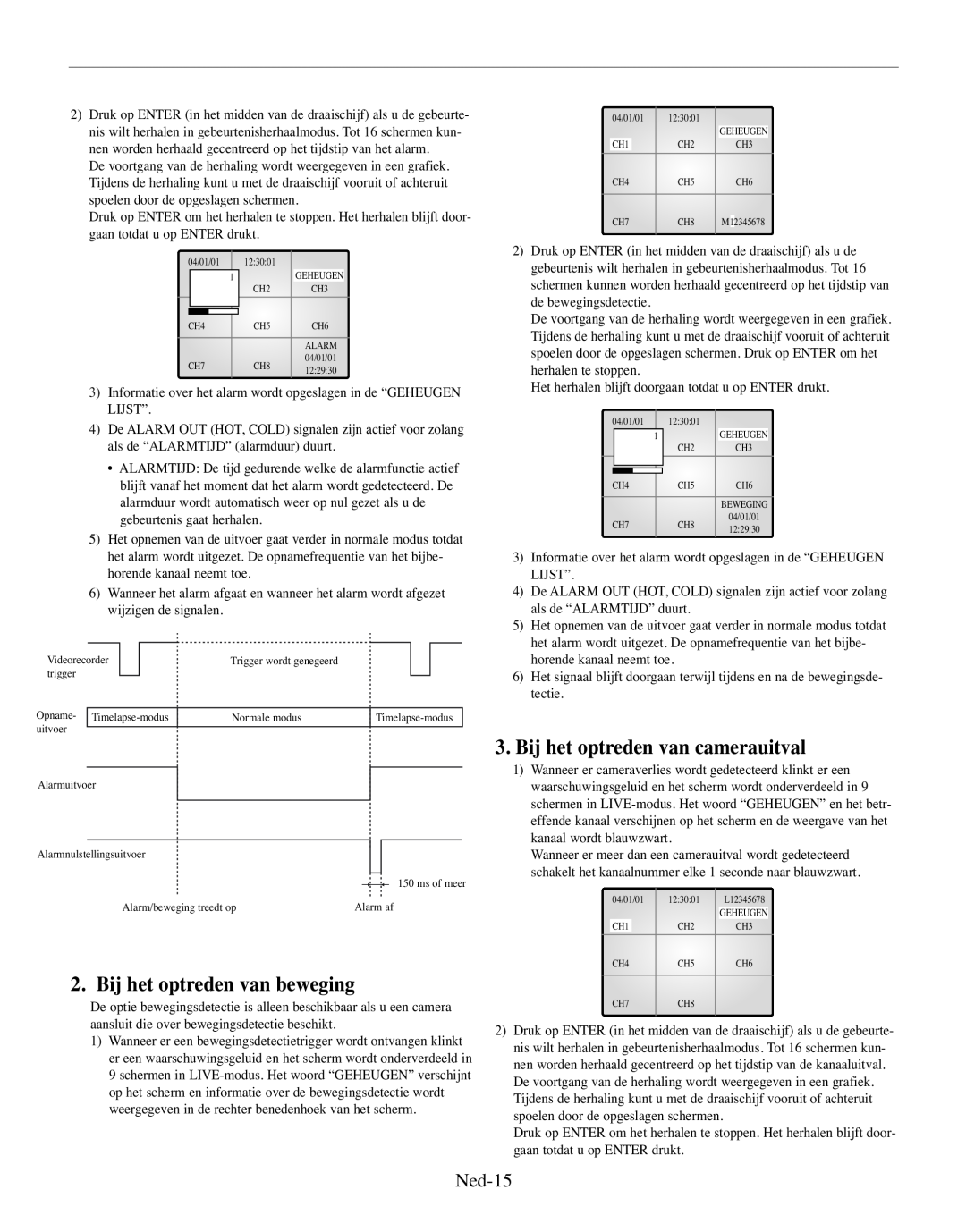 Samsung SMO-210MP/UMG, SMO-210TRP manual Bij het optreden van beweging, Bij het optreden van camerauitval, Ned-15 