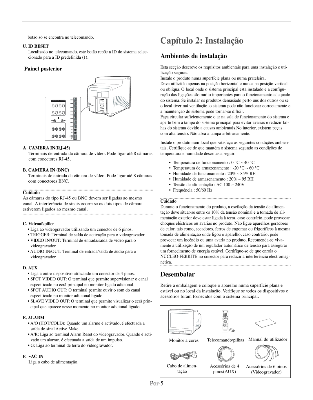 Samsung SMO-210TRP manual Capítulo 2 Instalação, Ambientes de instalação, Desembalar, Por-5, Painel posterior, U. Id Reset 
