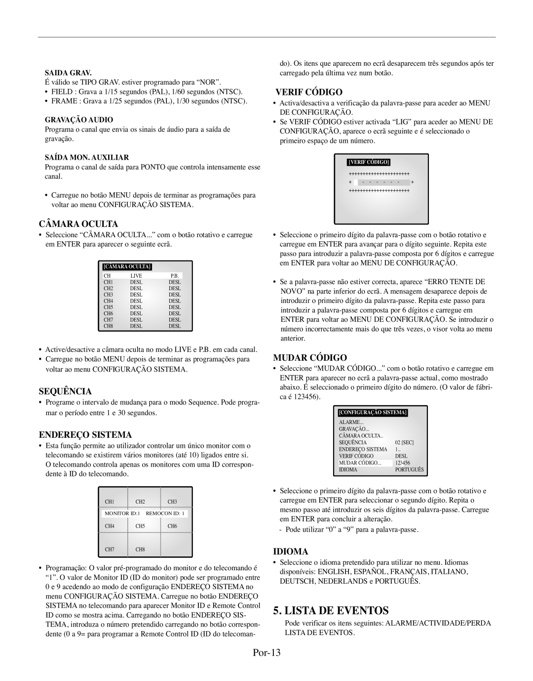 Samsung SMO-210TRP manual Lista De Eventos, Por-13, Câmara Oculta, Sequência, Endereço Sistema, Verif Código, Mudar Código 