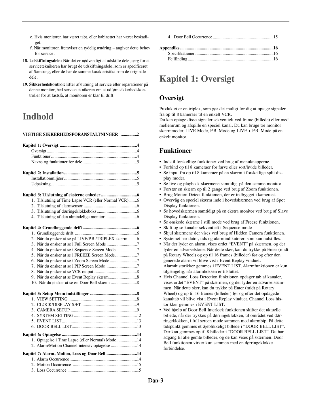 Samsung SMO-210MP/UMG, SMO-210TRP manual Indhold, Kapitel 1 Oversigt, Funktioner, Dan-3 