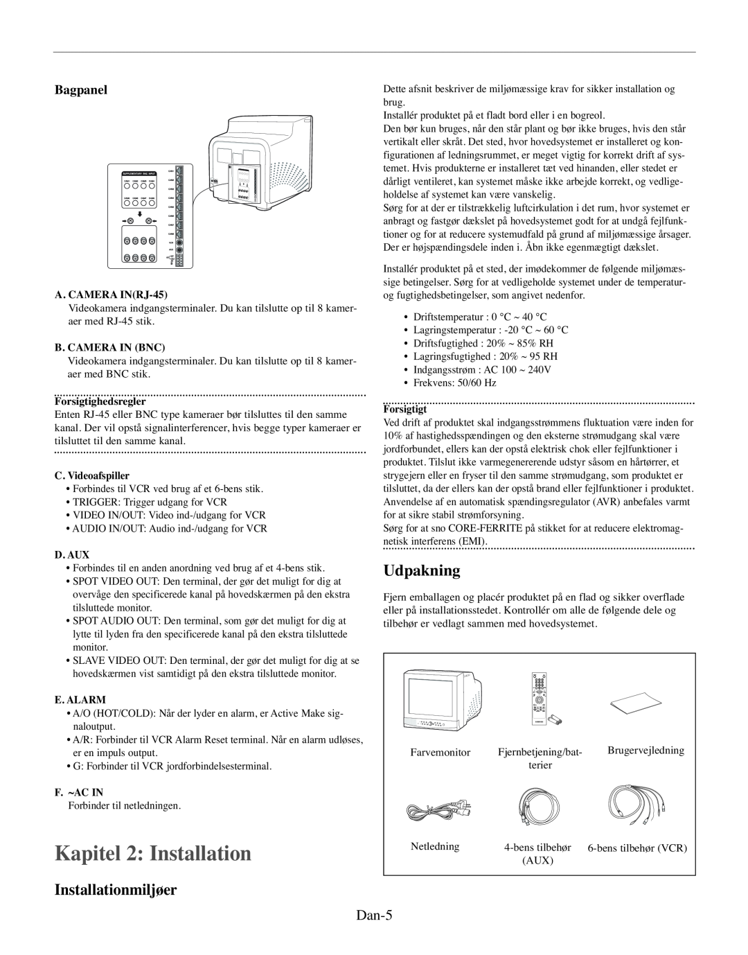 Samsung SMO-210MP/UMG Kapitel 2 Installation, Installationmiljøer, Udpakning, Dan-5, Bagpanel, A. CAMERA INRJ-45, D. Aux 