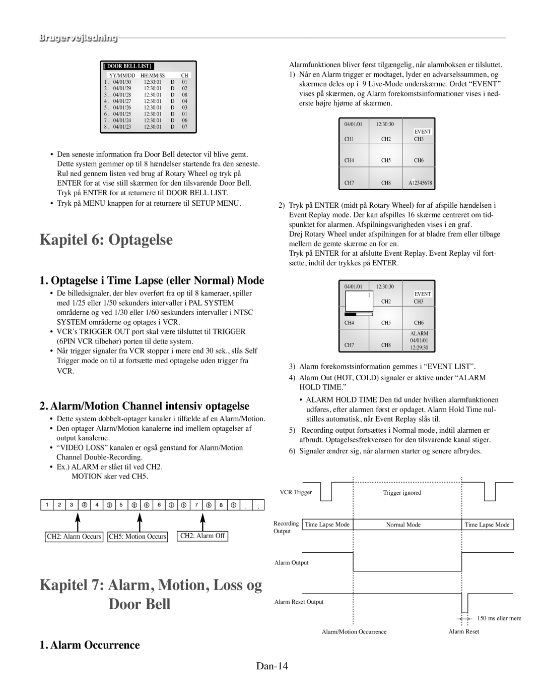 Samsung SMO-210TRP manual Kapitel 6 Optagelse, Kapitel 7 Alarm, Motion, Loss og Door Bell, Alarm Occurrence, Dan-14 