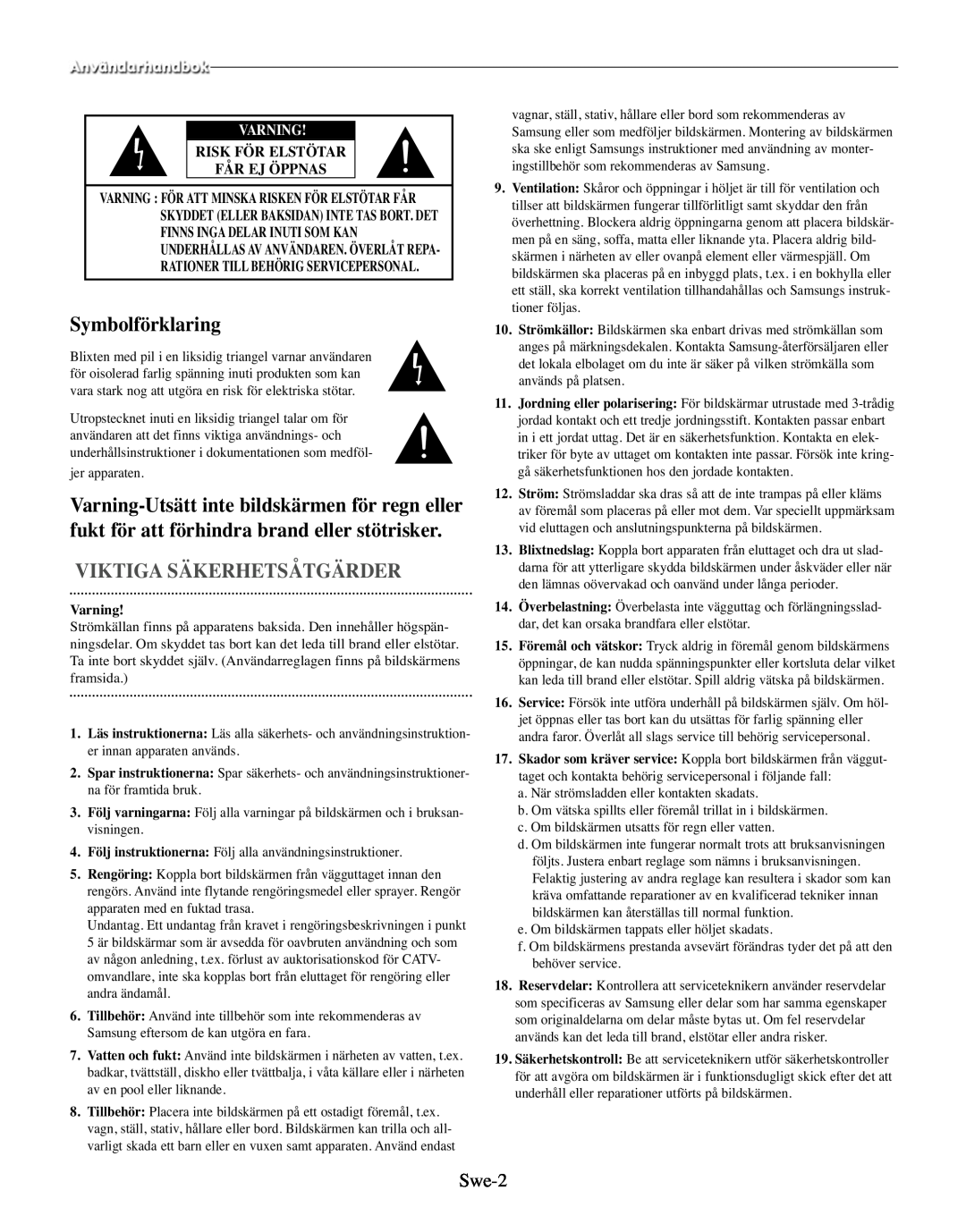 Samsung SMO-210MP/UMG, SMO-210TRP manual Symbolförklaring, Viktiga Säkerhetsåtgärder, Swe-2, Varning 