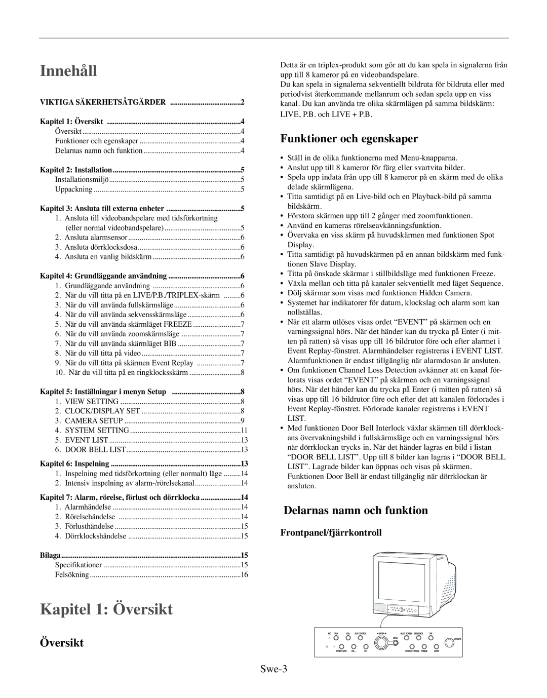 Samsung SMO-210TRP manual Innehåll, Kapitel 1 Översikt, Funktioner och egenskaper, Delarnas namn och funktion, Swe-3 