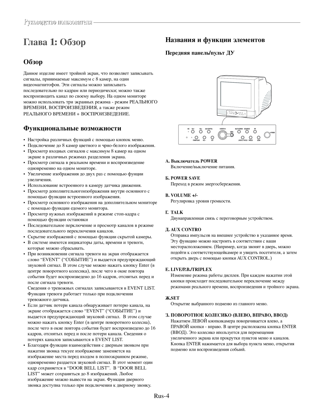 Samsung SMO-210TRP лава 1 Обзор, жности, оводство пользователя, Rus-4, ередняя панель/пульт, А. Wer Power Save, Volume + 