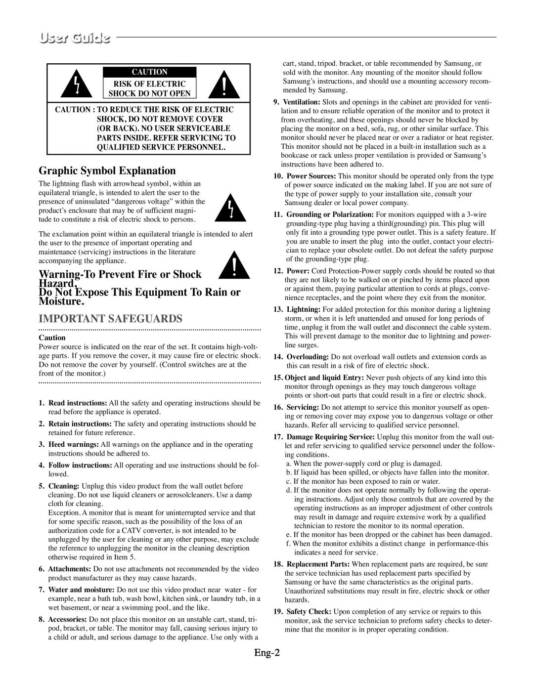 Samsung SMO-210TRP manual Graphic Symbol Explanation, Warning-To Prevent Fire or Shock Hazard, Important Safeguards, Eng-2 