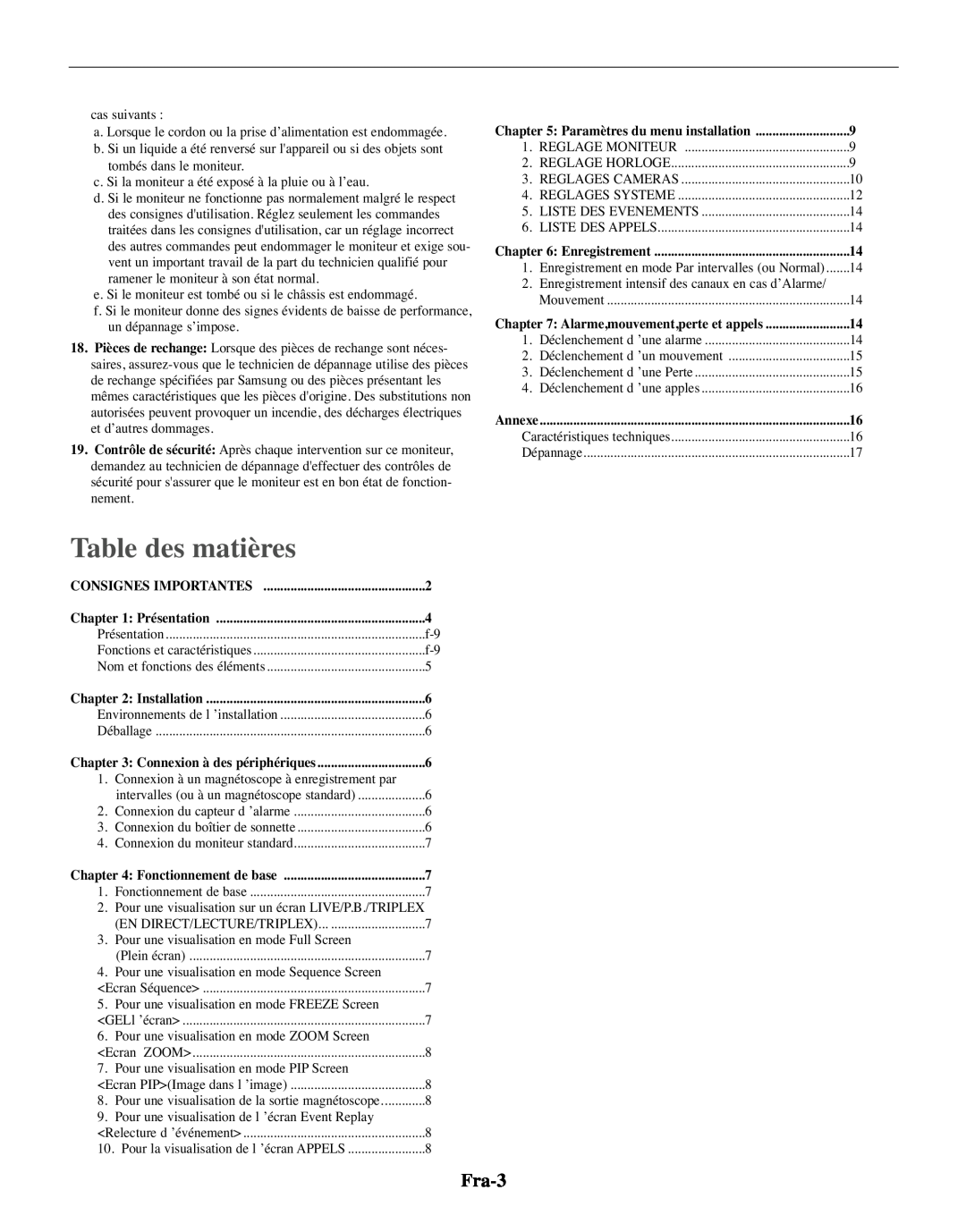 Samsung SMO-210TRP, SMO-210MP/UMG manual Table des matières, Fra-3 