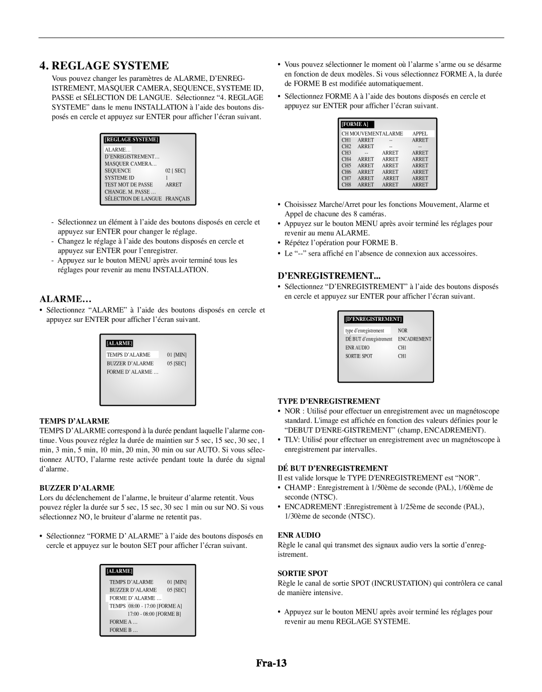 Samsung SMO-210TRP manual Reglage Systeme, Fra-13, Alarme…, D’Enregistrement, Temps D’Alarme, Buzzer D’Alarme, Enr Audio 
