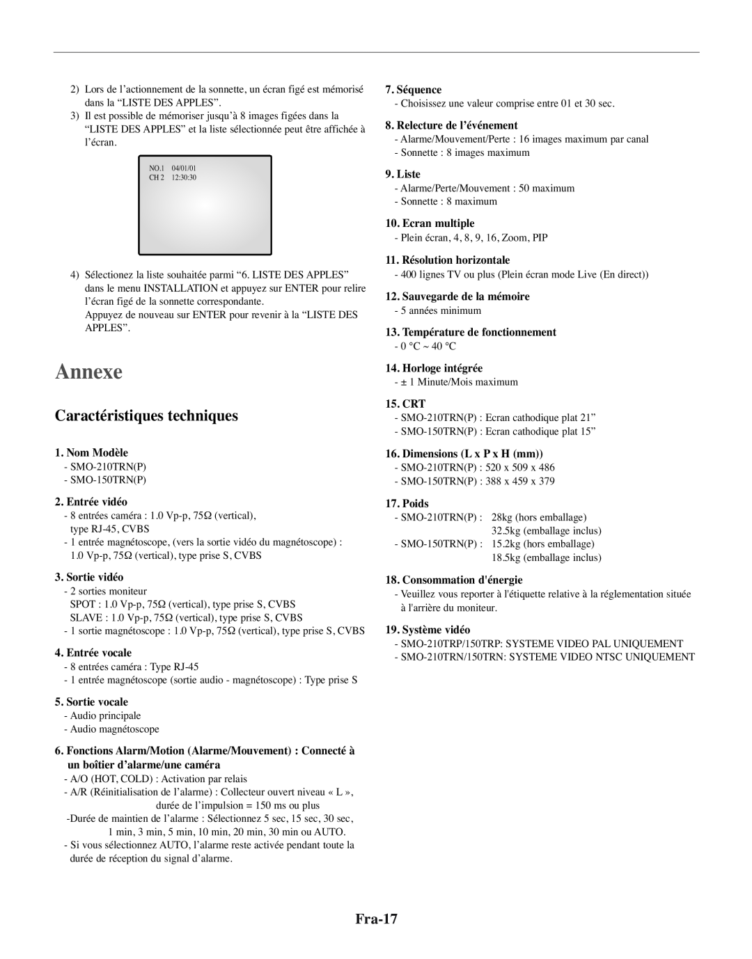 Samsung SMO-210TRP, SMO-210MP/UMG manual Annexe, Caractéristiques techniques, Fra-17 
