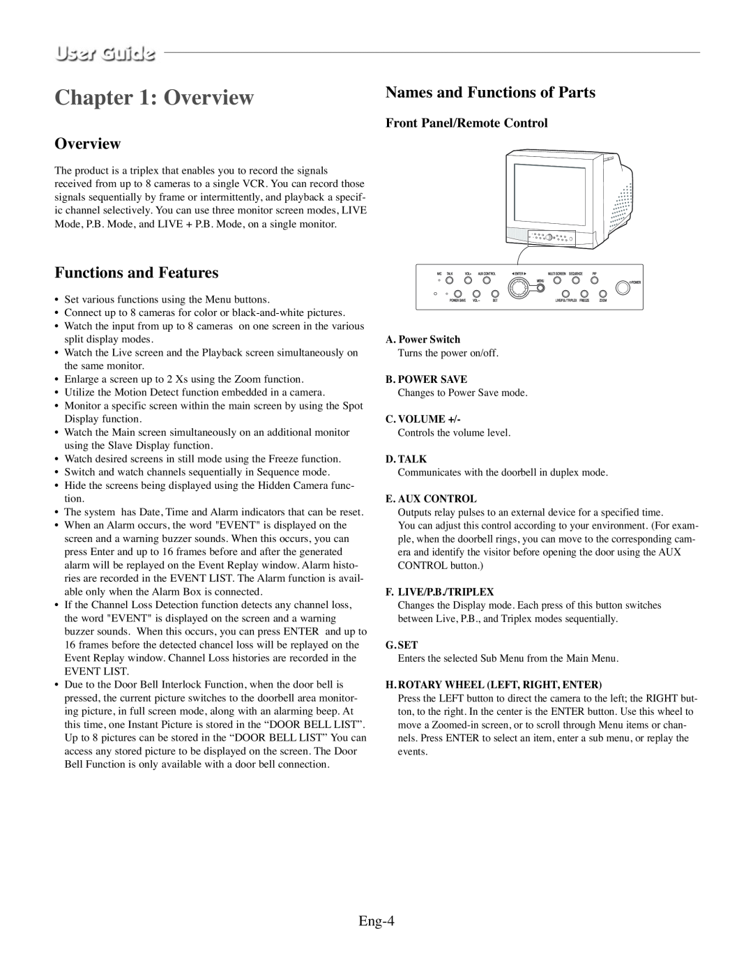 Samsung SMO-210TRP manual Overview, Names and Functions of Parts, Functions and Features, Eng-4, Front Panel/Remote Control 