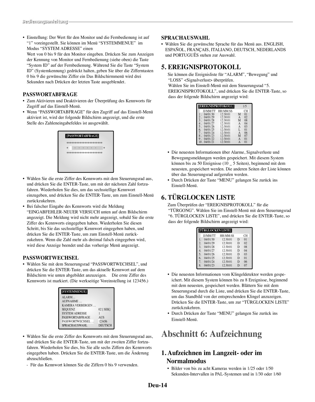 Samsung SMO-210TRP manual Abschnitt 6 Aufzeichnung, Ereignisprotokoll, 6. TÜRGLOCKEN LISTE, Deu-14, Passwortabfrage 