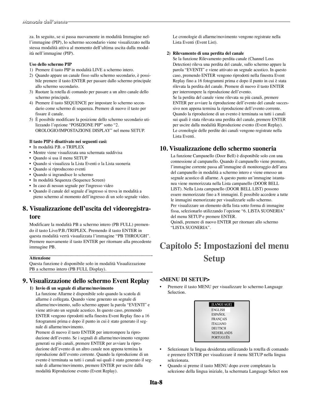 Samsung SMO-210TRP Capitolo 5 Impostazioni del menu Setup, Visualizzazione dell’uscita del videoregistra- tore, Ita-8 