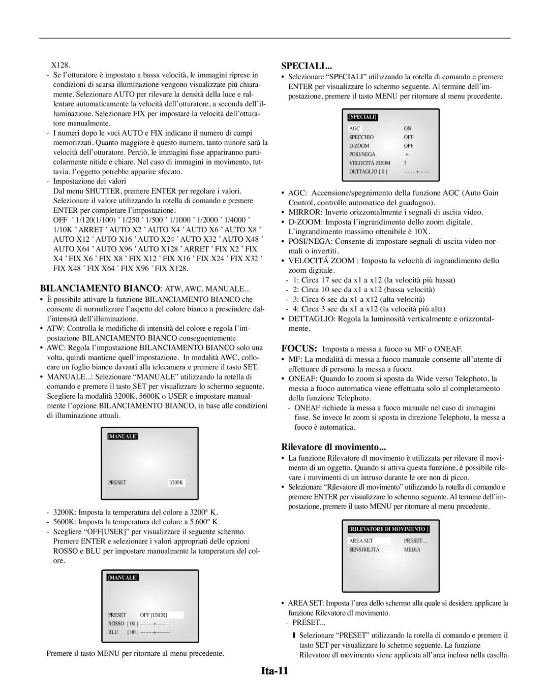 Samsung SMO-210MP/UMG, SMO-210TRP manual Ita-11, Bilanciamento Bianco Atw, Awc, Manuale, Speciali, Rilevatore dl movimento 