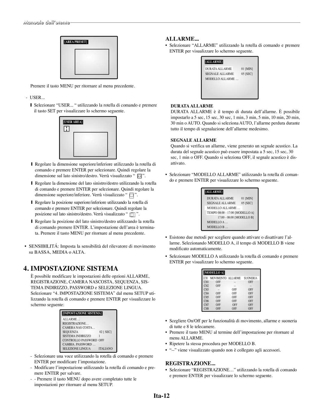 Samsung SMO-210TRP, SMO-210MP/UMG manual Impostazione Sistema, Ita-12, Registrazione, Durata Allarme, Segnale Allarme 