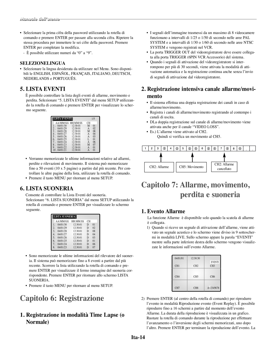 Samsung SMO-210TRP manual Capitolo 6 Registrazione, Capitolo 7 Allarme, movimento, perdita e suoneria, Lista Eventi, Ita-14 
