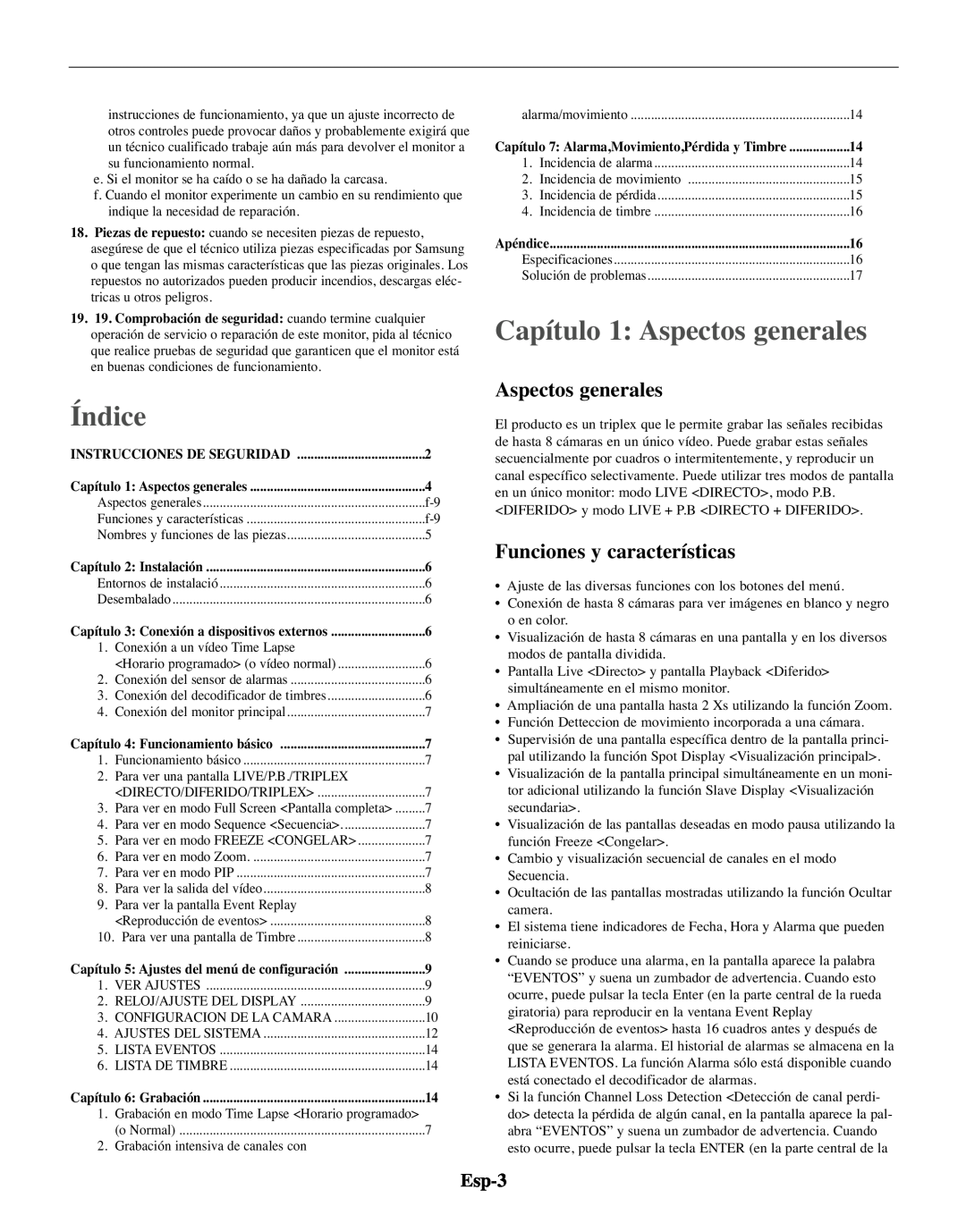 Samsung SMO-210TRP, SMO-210MP/UMG manual Índice, Capítulo 1 Aspectos generales, Funciones y características, Esp-3 