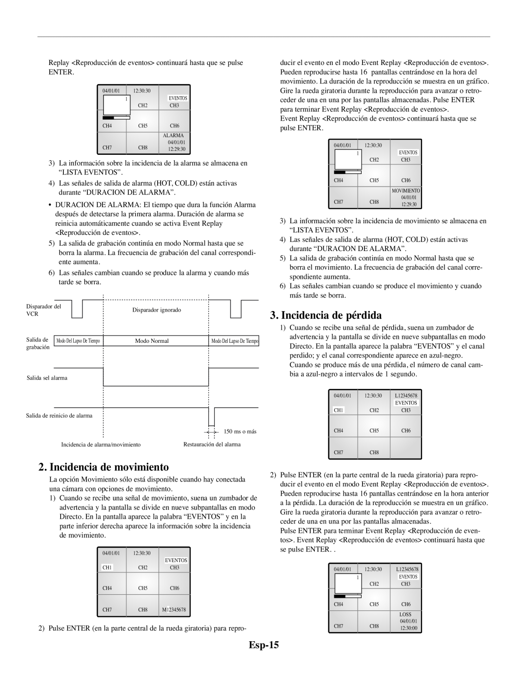 Samsung SMO-210TRP, SMO-210MP/UMG manual Incidencia de movimiento, Incidencia de pérdida, Esp-15 