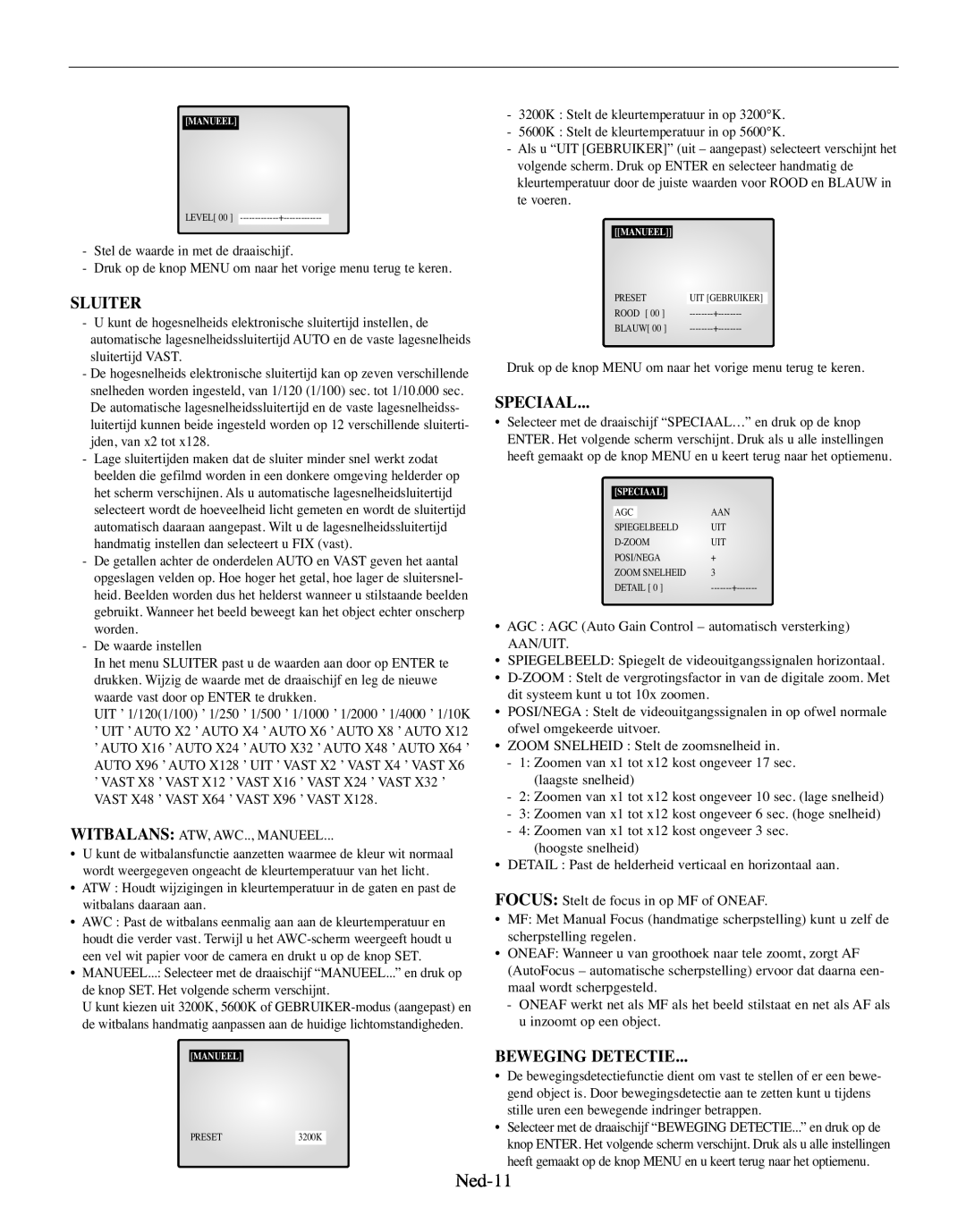 Samsung SMO-210MP/UMG, SMO-210TRP manual Ned-11, Sluiter, Speciaal, Beweging Detectie 
