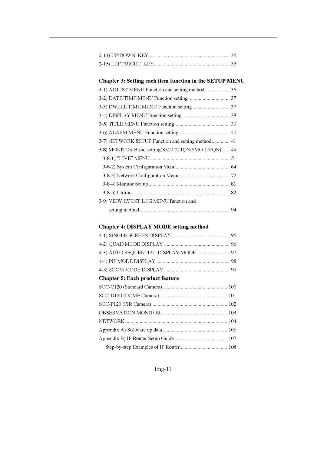 Samsung SMO-150QN Setting each item function in the Setup Menu, Display Mode setting method, Each product feature, Eng-11 