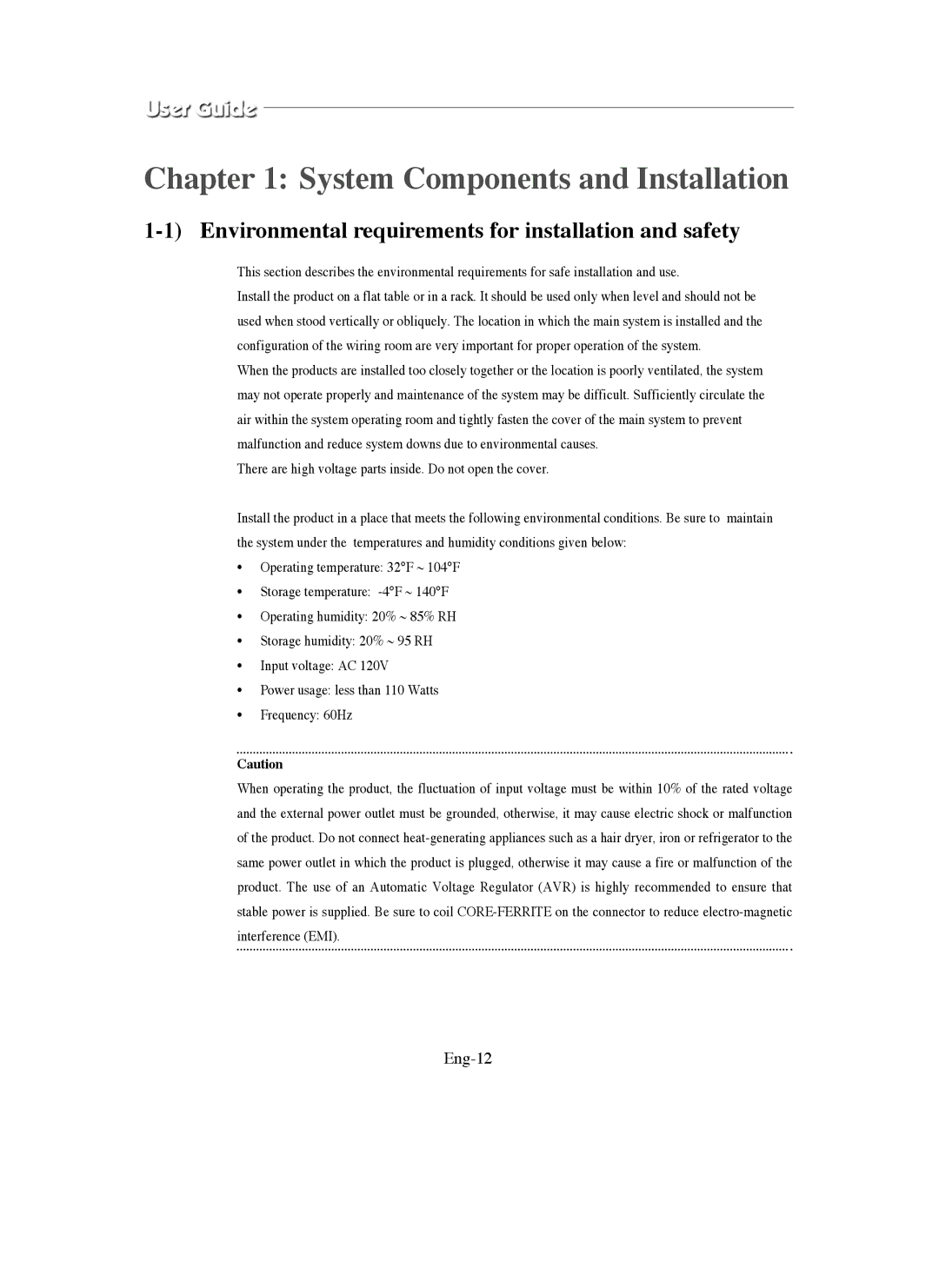 Samsung SMO-211QN, SMO-150QN manual Environmental requirements for installation and safety, Eng-12 