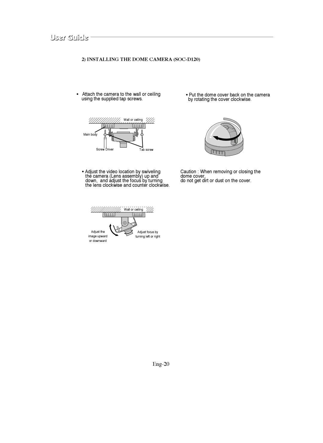 Samsung SMO-211QN, SMO-150QN manual Eng-20, Installing the Dome Camera SOC-D120 