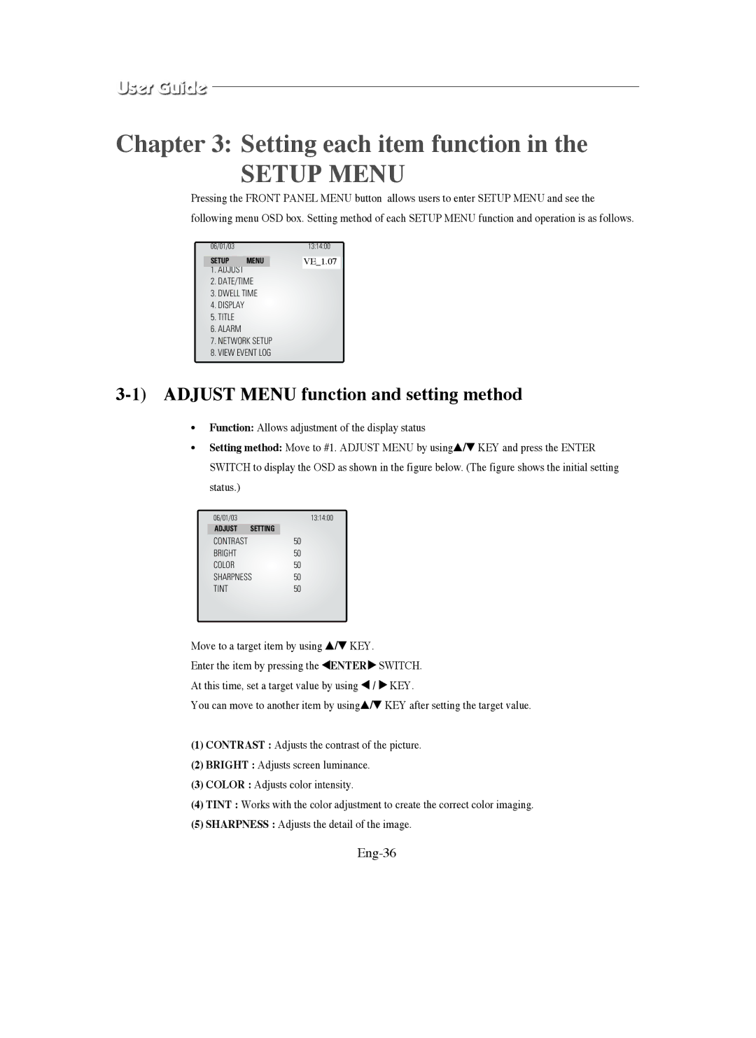 Samsung SMO-211QN, SMO-150QN manual Adjust Menu function and setting method, Eng-36 