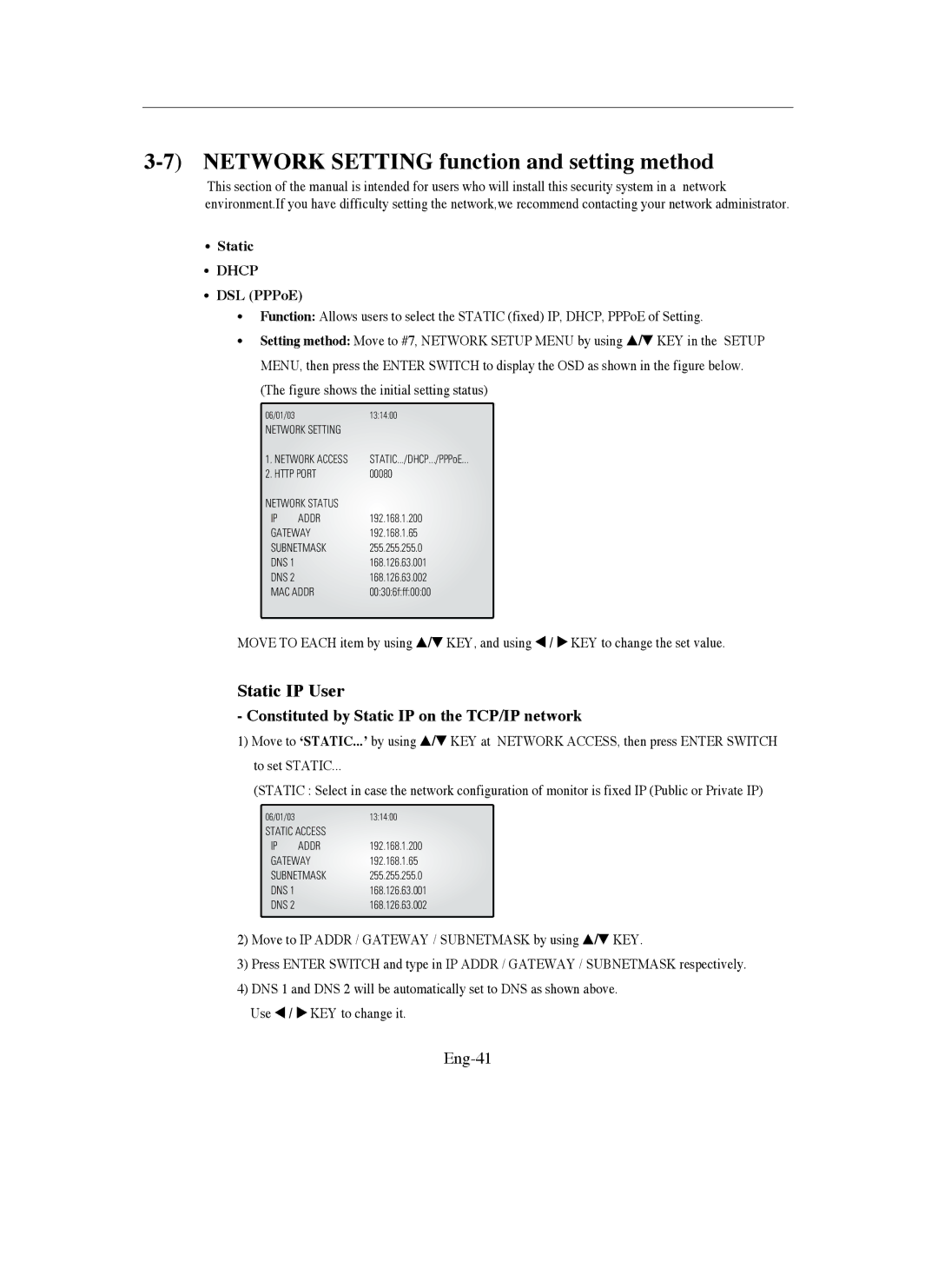 Samsung SMO-150QN Network Setting function and setting method, Constituted by Static IP on the TCP/IP network, Eng-41 