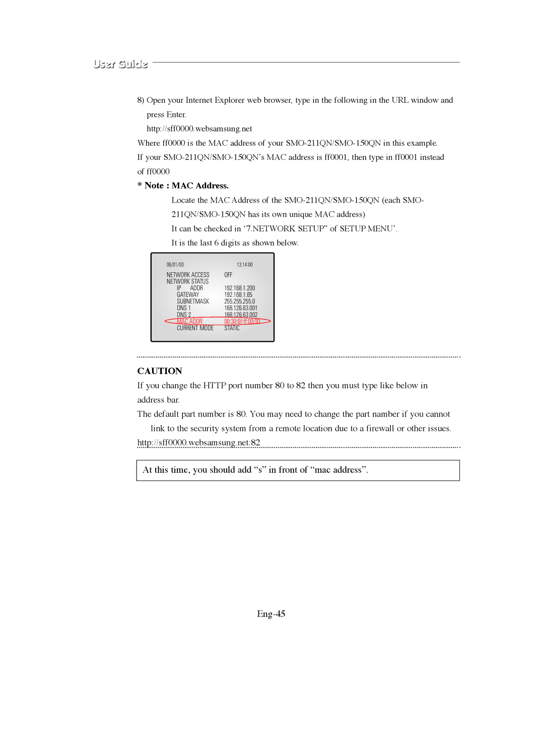 Samsung SMO-150QN, SMO-211QN manual MAC Addr 