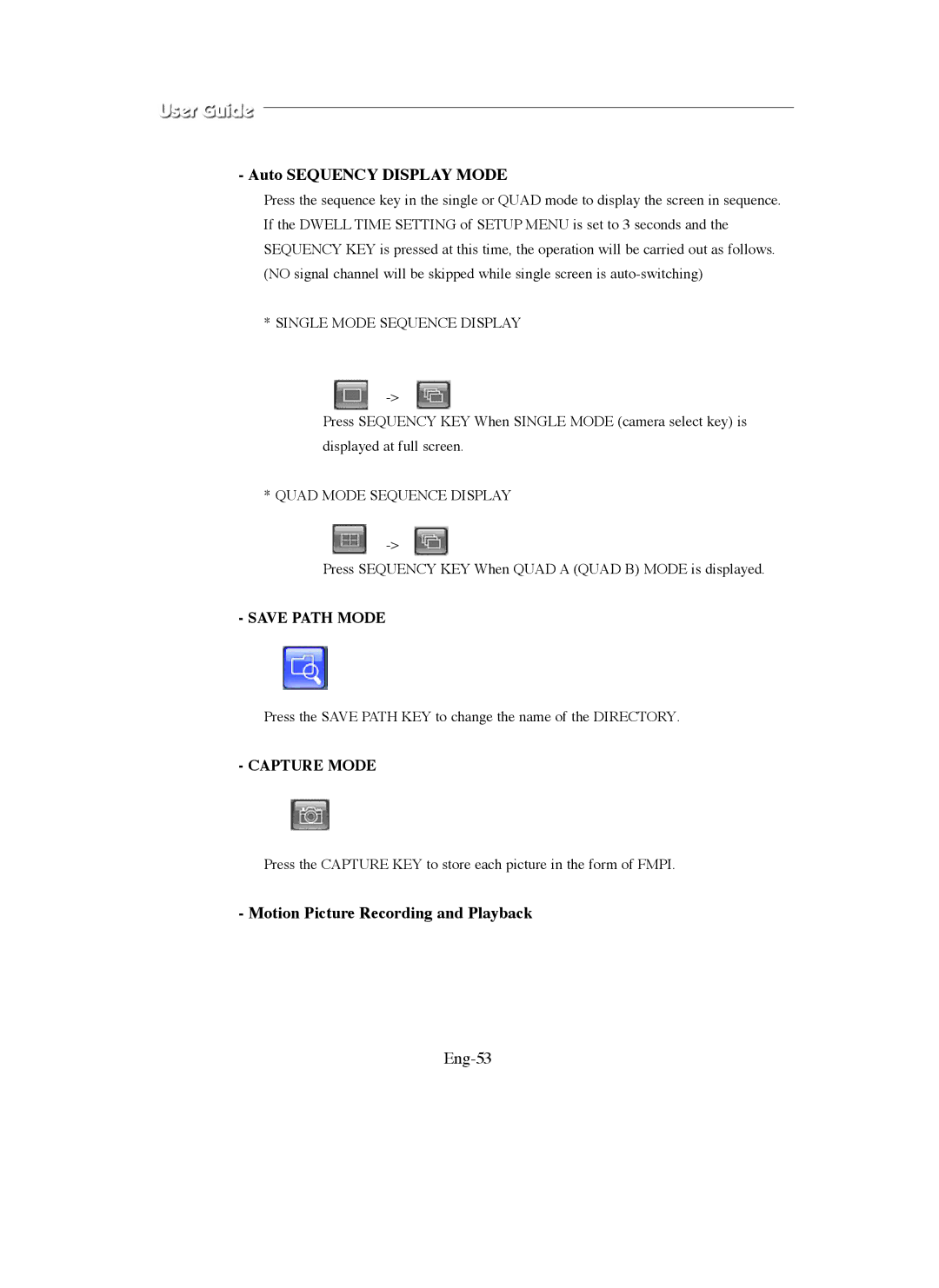 Samsung SMO-150QN, SMO-211QN manual Auto Sequency Display Mode, Motion Picture Recording and Playback, Eng-53 