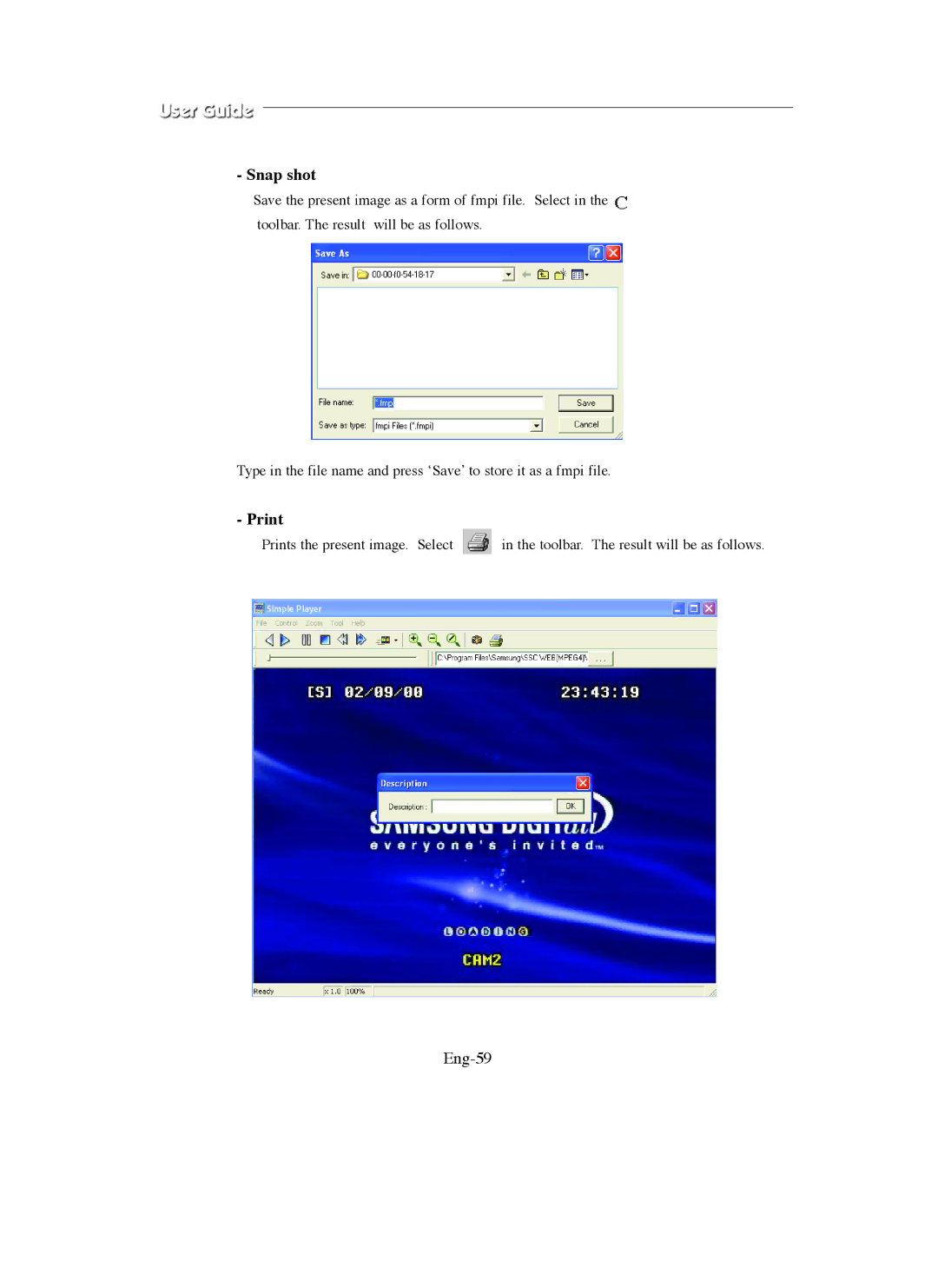 Samsung SMO-150QN, SMO-211QN manual Snap shot, Print, Eng-59 