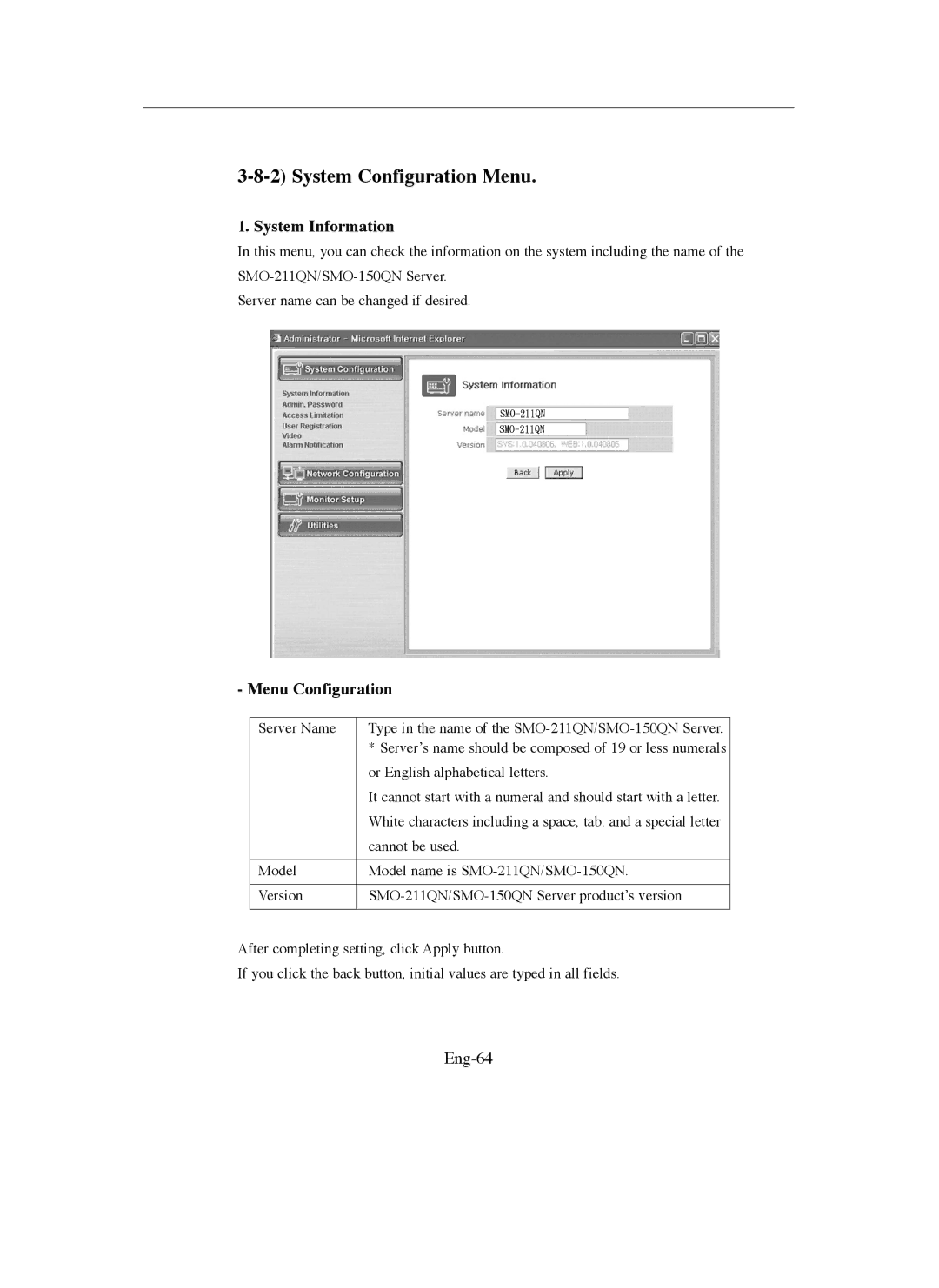 Samsung SMO-211QN, SMO-150QN manual System Information, Menu Configuration, Eng-64 