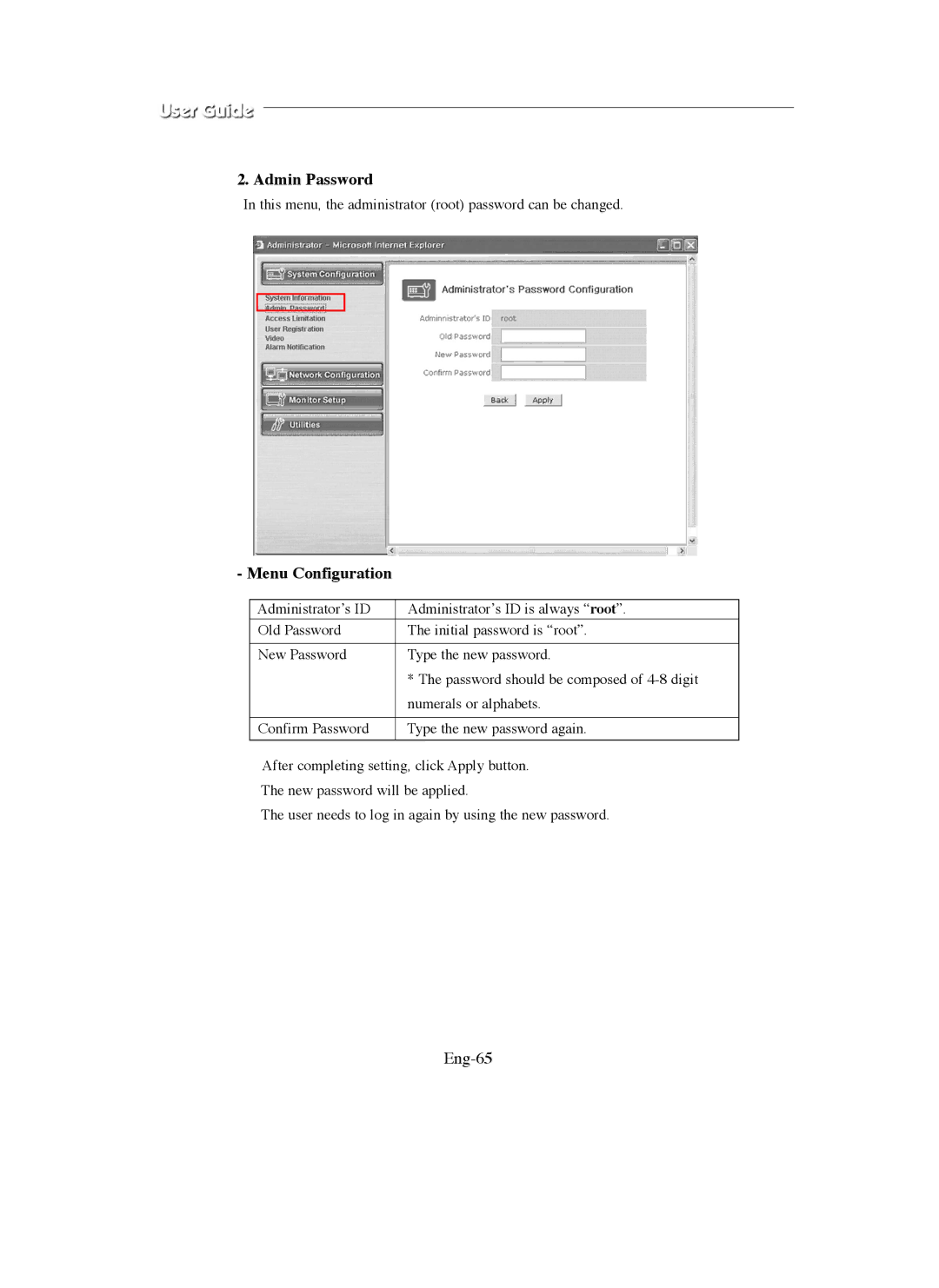 Samsung SMO-150QN, SMO-211QN manual Admin Password, Eng-65 