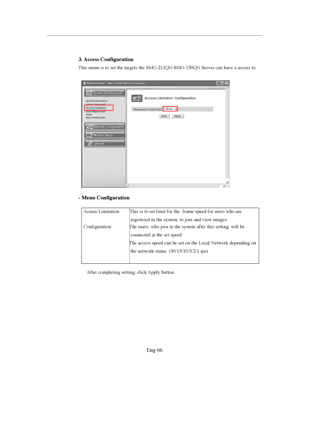 Samsung SMO-211QN, SMO-150QN manual Access Configuration, Eng-66 