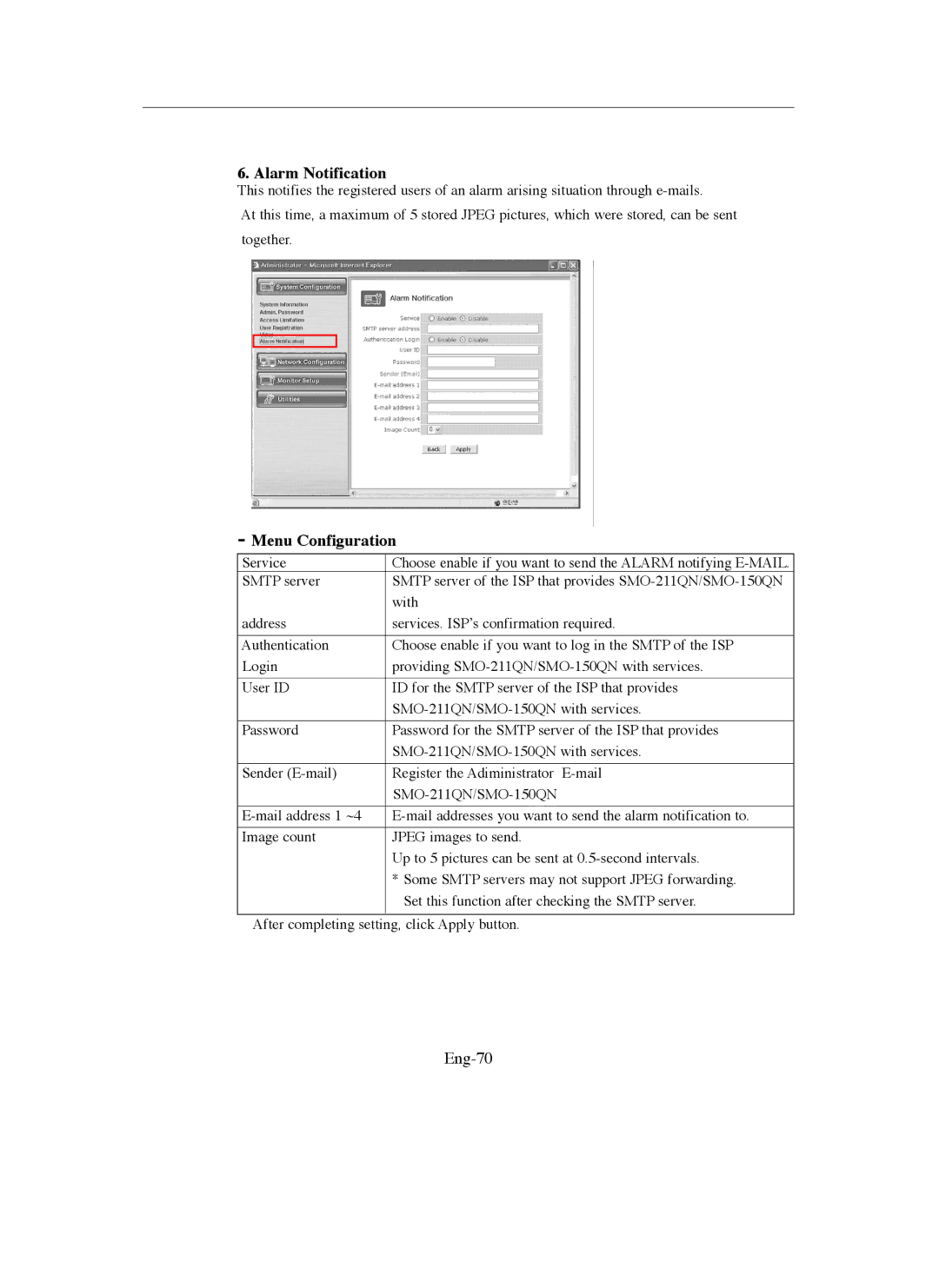 Samsung SMO-211QN, SMO-150QN manual Alarm Notification, Eng-70 